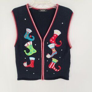 Crystal Kobe Knit Holiday Christmas Sweater Vest Stocking Design Embellished  Bl
